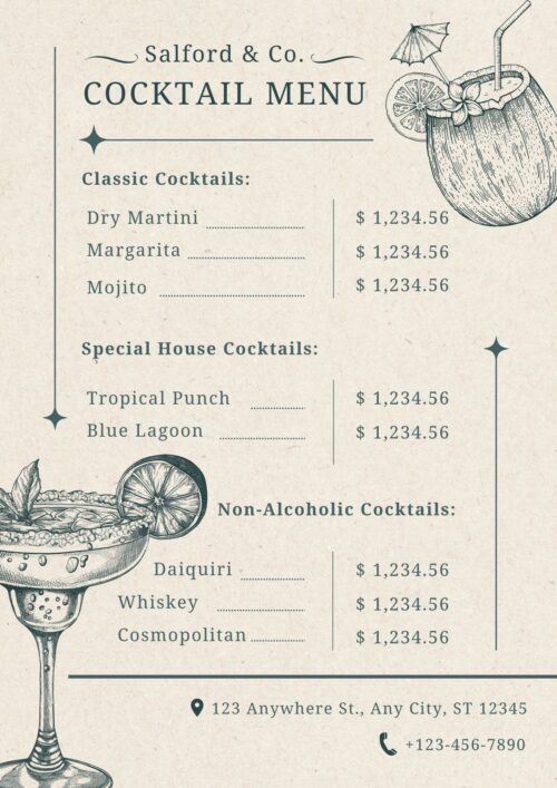 Beige Illustrative Cocktail Menu