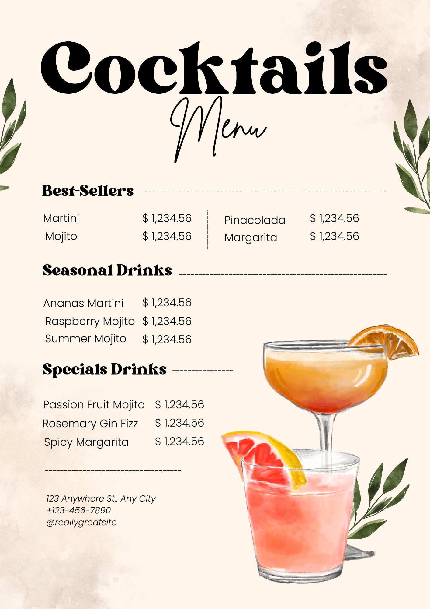 Beige Illustrative Watercolor Cocktail Drink Menu