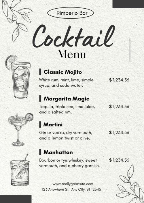 Grey and Black Illustrative Cocktail Menu