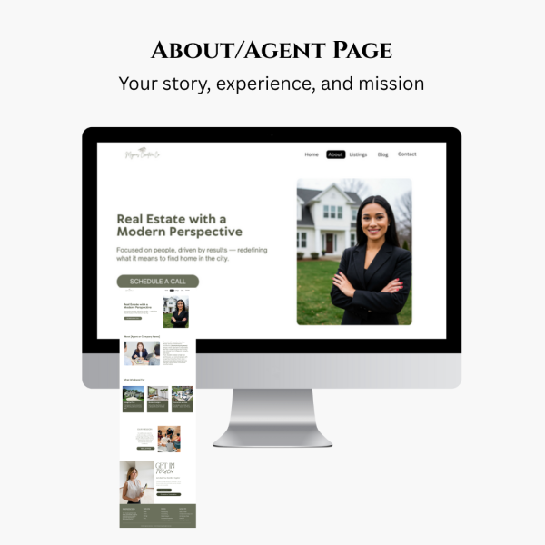 Modern Real Estate Agent Website Template – sleek, minimalist Canva design for realtors with homepage, listings, about, contact, and blog pages. Fully customizable and mobile-friendly layout.