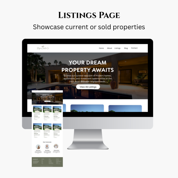 Modern Real Estate Agent Website Template – sleek, minimalist Canva design for realtors with homepage, listings, about, contact, and blog pages. Fully customizable and mobile-friendly layout.