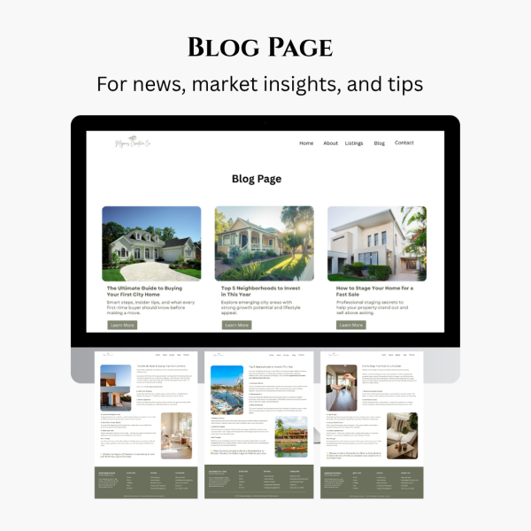 Modern Real Estate Agent Website Template – sleek, minimalist Canva design for realtors with homepage, listings, about, contact, and blog pages. Fully customizable and mobile-friendly layout.