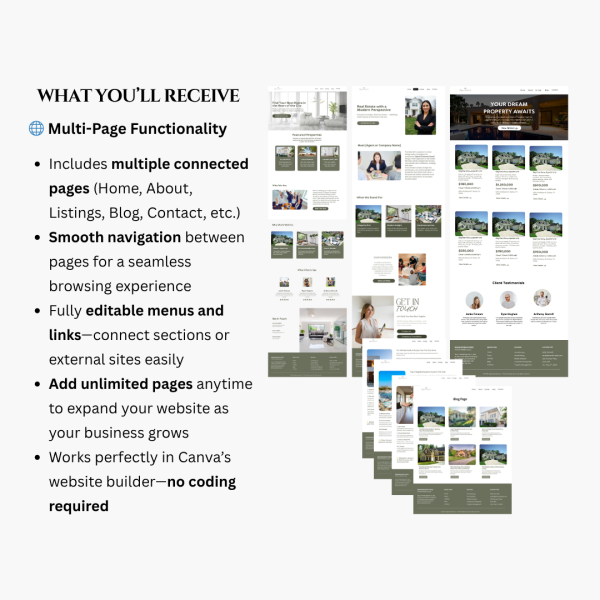 Modern Real Estate Agent Website Template – sleek, minimalist Canva design for realtors with homepage, listings, about, contact, and blog pages. Fully customizable and mobile-friendly layout.