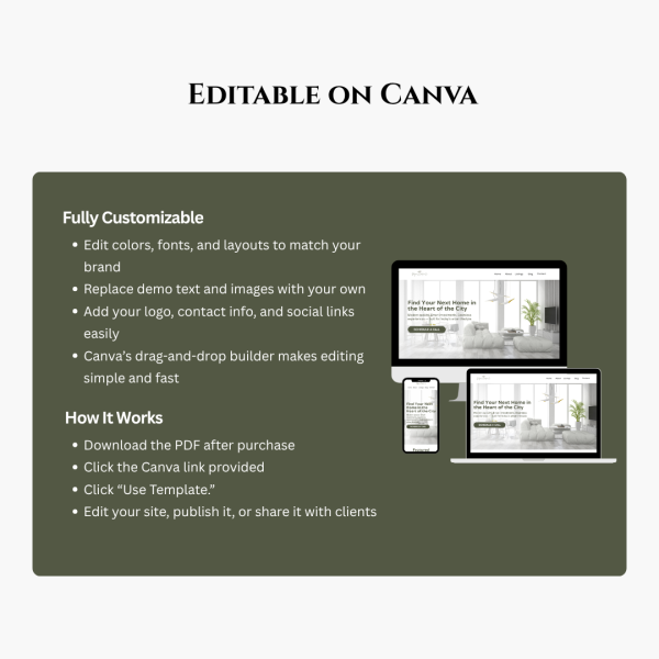 Modern Real Estate Agent Website Template – sleek, minimalist Canva design for realtors with homepage, listings, about, contact, and blog pages. Fully customizable and mobile-friendly layout.