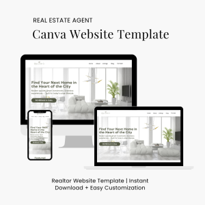 Modern Real Estate Agent Website Template – sleek, minimalist Canva design for realtors with homepage, listings, about, contact, and blog pages. Fully customizable and mobile-friendly layout.