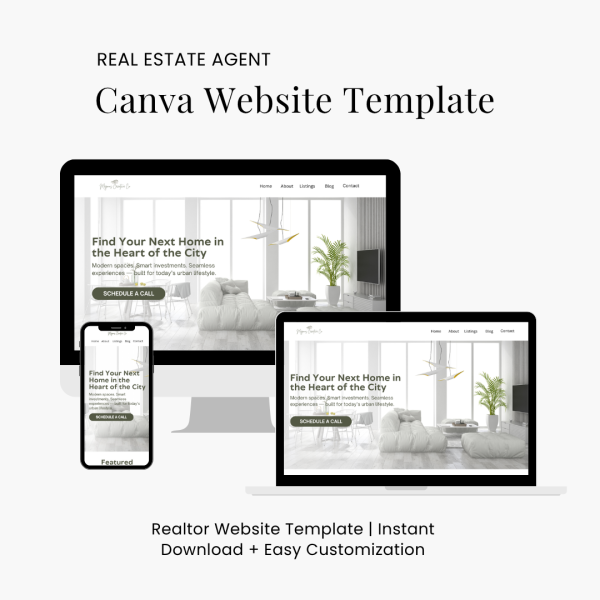 Modern Real Estate Agent Website Template – sleek, minimalist Canva design for realtors with homepage, listings, about, contact, and blog pages. Fully customizable and mobile-friendly layout.