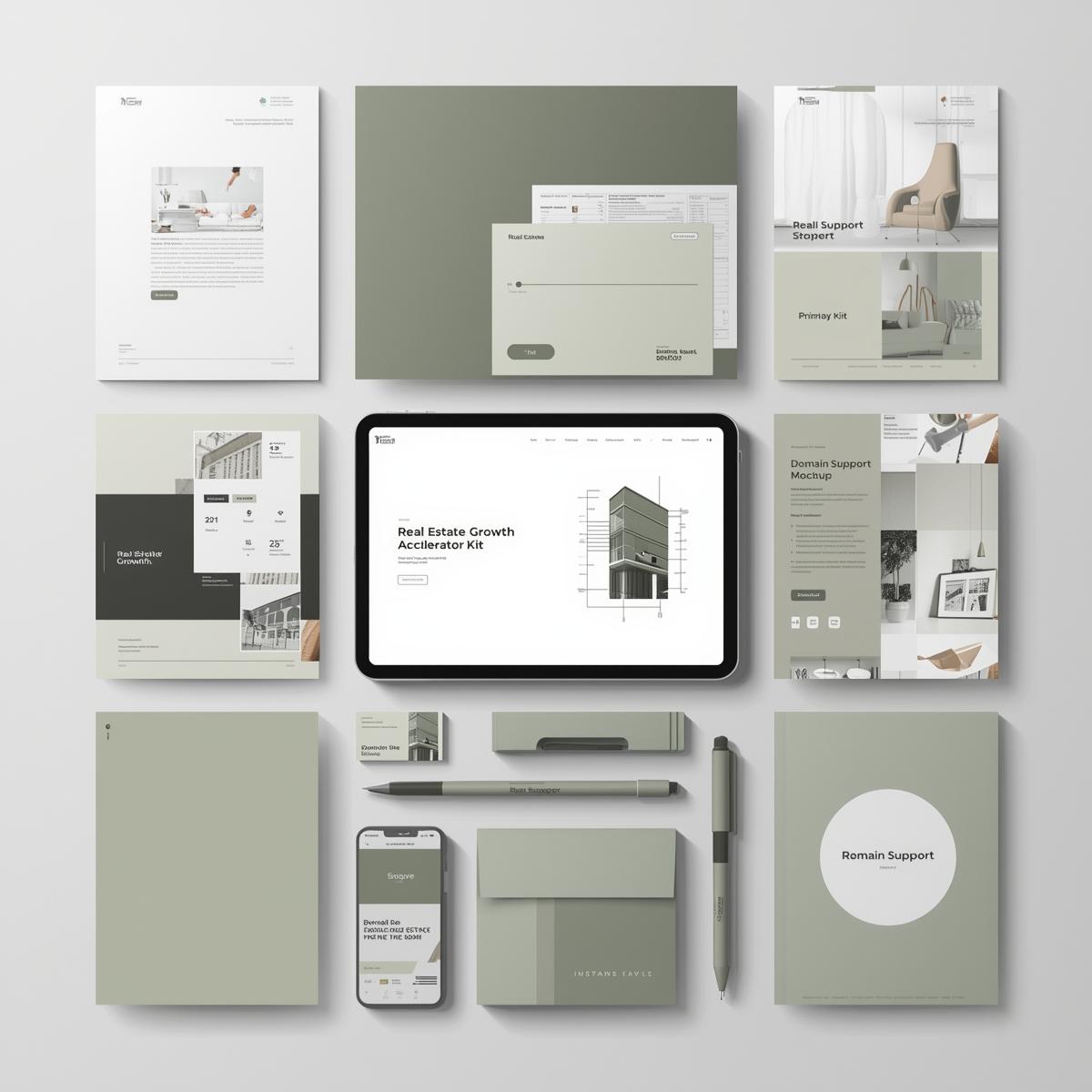 Real Estate Growth Accelerator Kit with brand color_#6b705c #808d79 #808d79 #808d79 #808d79 #808d79_Our most complete solution — branding, website, domain support, marketing tools, and physical brand assets.